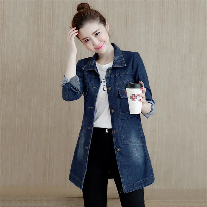 denim blue Женская Джинсовая Верхняя одежда Весна Осень Джинсовый плащ Женская средней длины тонкий однобортный ветровка пальто JIA81 - Цвет: denim blue