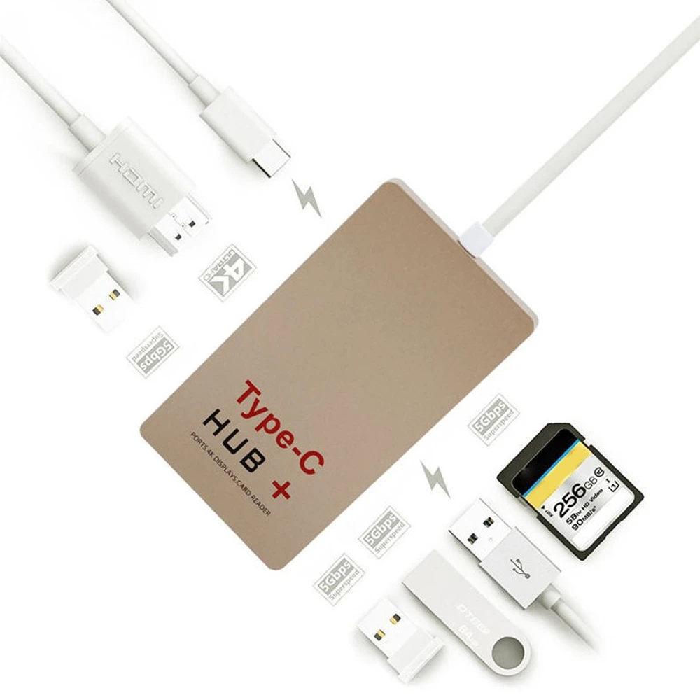 

Multi-Function 5 in 1 Combo Type C Hub Male to 4K HDMI USB 3.0 HUB SD Card Reader USB-C Charger Adapter