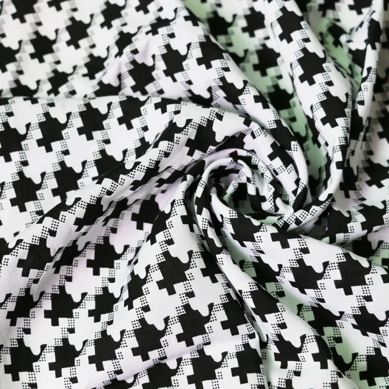 Черно-белая ткань в ломаную клетку, вискоза, хлопок, поплин