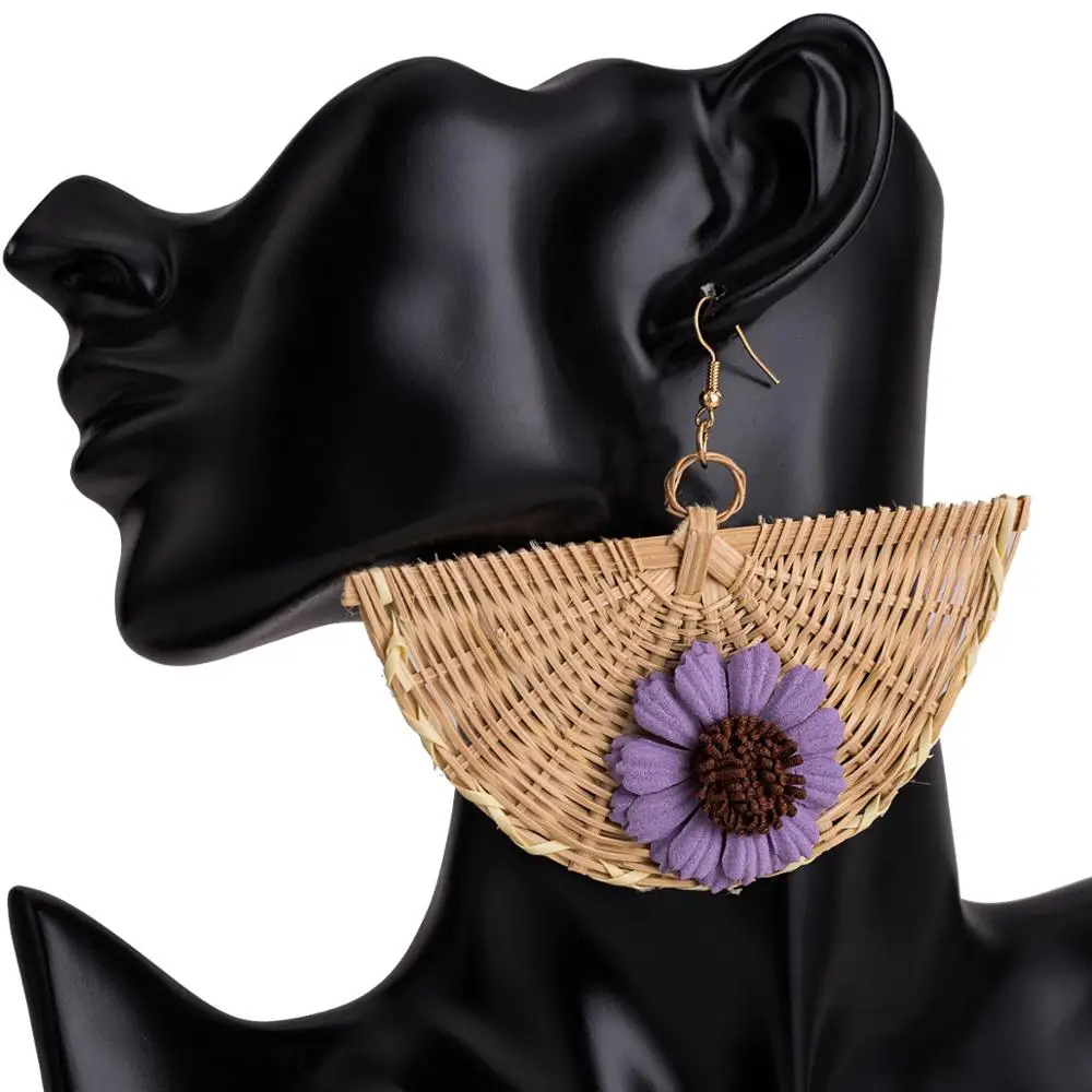 

Japan Style Flower Wooden Rattan Sector Statement Earrings For Women 2019 Handmade Geometric Drop Straw Weave Knit Vine Jewelry