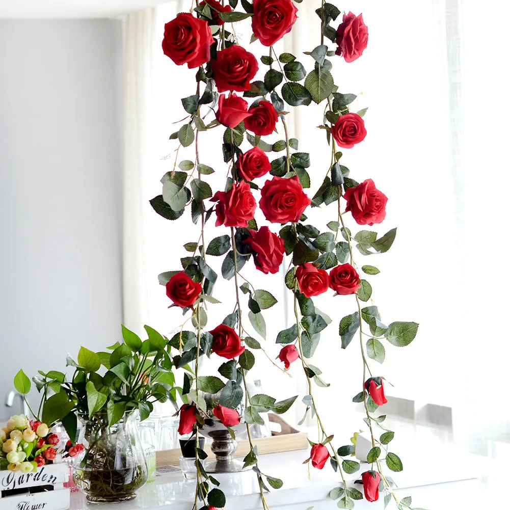 1 шт. Свадебные Декоративные искусственные розы лоза 180 см настоящий на прикосновение шелк цветок с зелеными листьями для дома гирлянда подвесной Декор - Цвет: Red