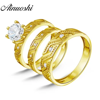 

AINUOSHI Real Gold TRIO Rings Bridal Set Exquisite Vintage Pattern Engagement Jewelry 14K Yellow Gold Couple Wedding Rings Set