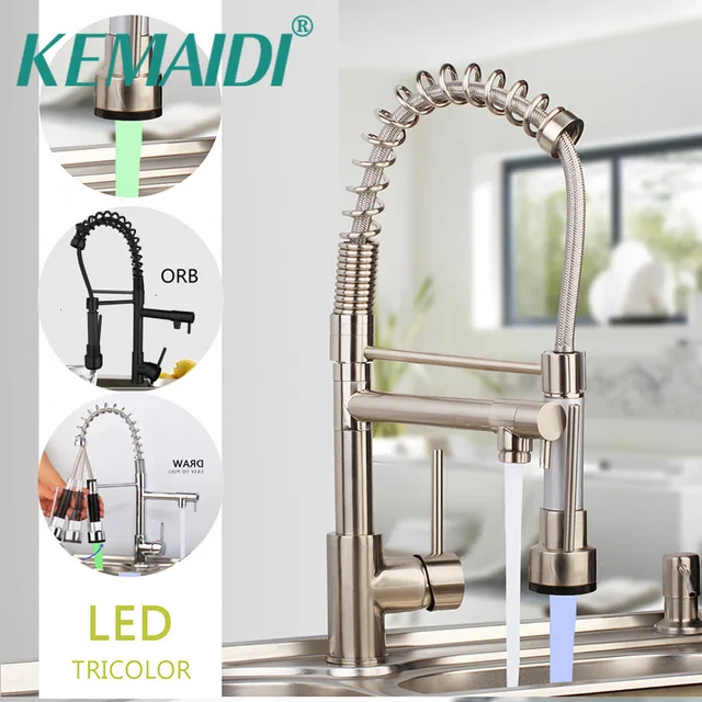 Best Offers KEMAIDI Spring Kitchen Faucet Pull out Side Sprayer Dual Spout Single Handle Mixer Tap Sink Faucet 360 Rotation Kitchen Faucets