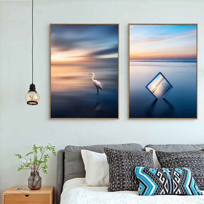 Scandinavian-Transparent-Photo-Frame-Sunrise-Landscape-Canvas-Painting-Aurora-Lighthouse-Wall-Picture-Seagull-Ocean-Poster-Decor (2)