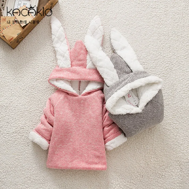 Kacakid winter cute baby girls thickening clothes kids plus velvet zipper cotton Hoodies children long ears rabbit Sweatshirts