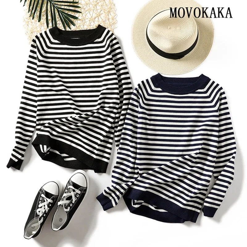 

Hot Fashion Black White stripe Sweater Female knitted Sweater Women Pullover Sweater Women Winter Ladies Jumper Woman Pull Femme