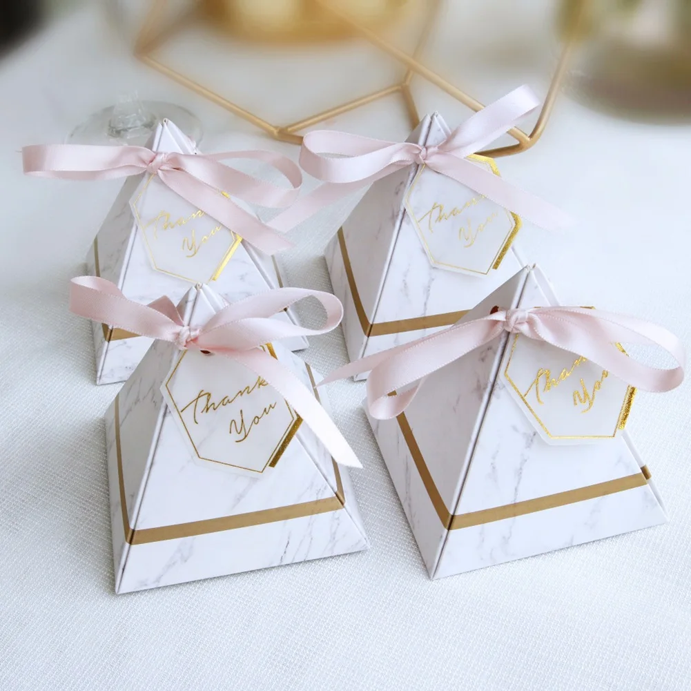 

Candy Box, Triangular Boxes Wedding Favors Party Supplies Paper Gift Boxes with Thank You Card and Ribbon