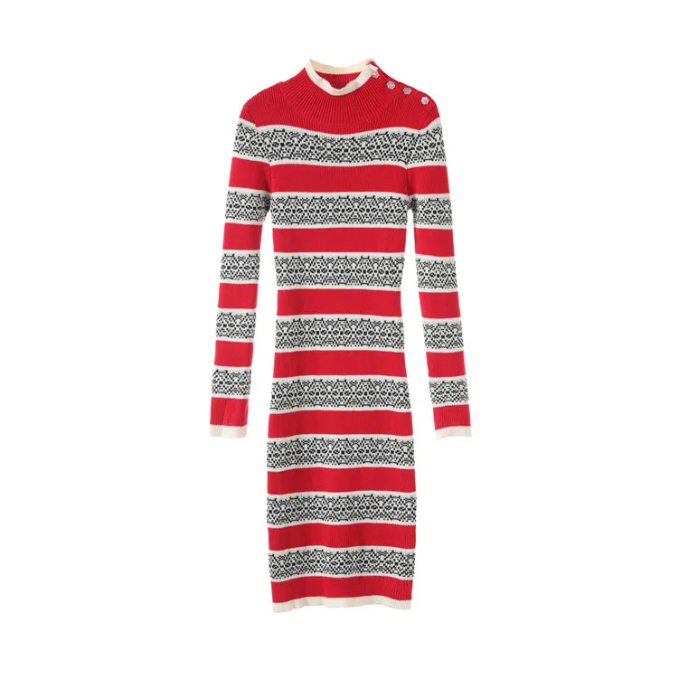 Свободный свитер платье для женщин осеннее красное Полосатое Платье-футляр с длинным рукавом женское тонкое цельное вязаное платье зима - Цвет: Красный