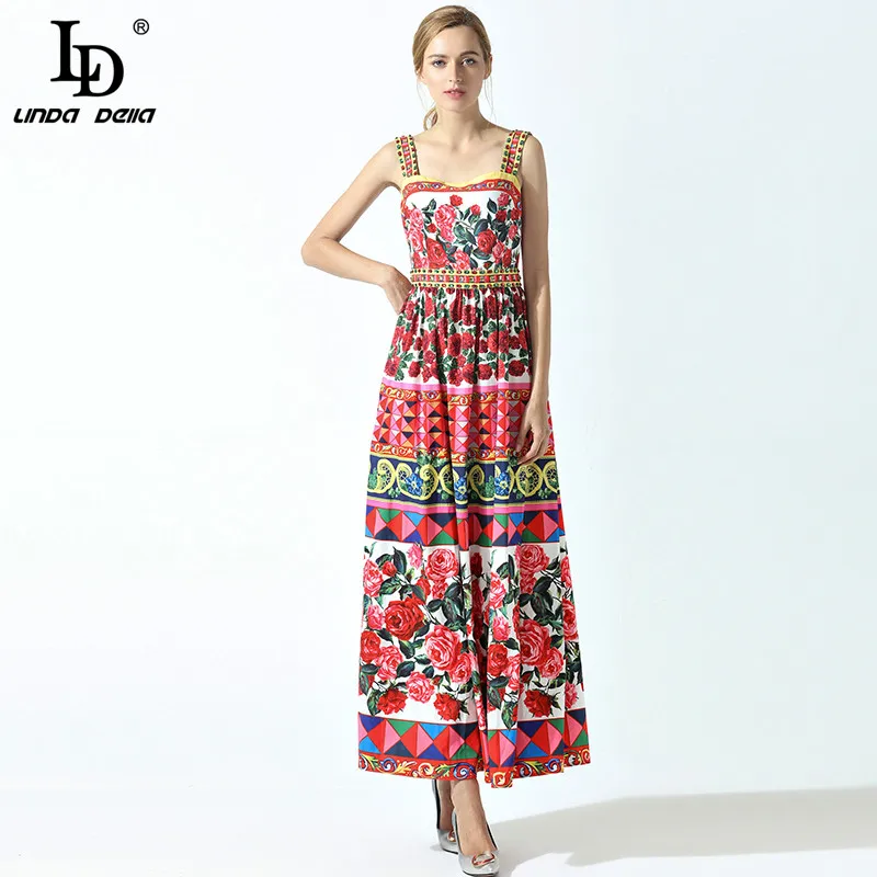 Preise LD LINDA DELLA Elegante Sommer Maxi Kleid frauen Spaghetti Rose Blume Floral Print Casual Boho Urlaub Lange Kleid