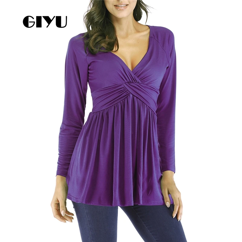 

GIYU 5XL Plus Size Ruched Solid V Neck T Shirt Women Long Sleeve Tee Sexy Casual Loose Basic Tops Female 2019 camiseta mujer