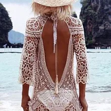 Женское прозрачное открытое пляжное платье с открытой спиной, трикотажная пляжная одежда, рукав три четверти, прозрачное покрытие, Q42144