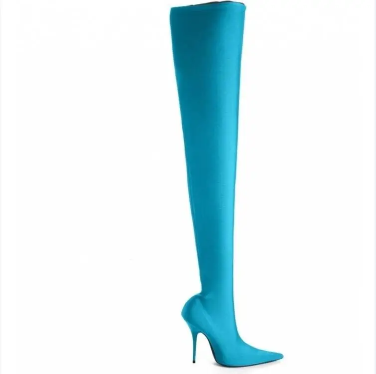 Новые эластичные высокие сапоги до бедра женская обувь на тонком высоком каблуке с острым носком пикантные Женские Сапоги выше колена розового, фиолетового, черного цвета - Цвет: blue