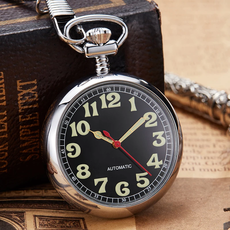 Luxury Copper Silver Mechanical Pocket Watch Hand-wind Clock Fob Chain Watch Men Roman Numbers Clock