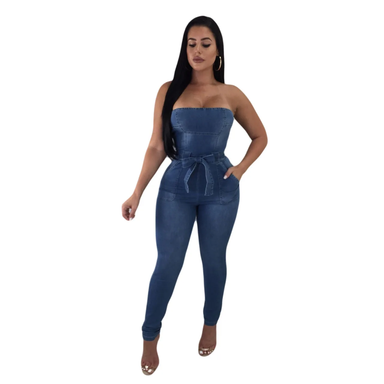 Denim Long Jumpsuit Women Casual Tight High Waist Stretch Bandage Bodysuit Plus Size Off Shoulder Jumpsuit Womens Playsuits