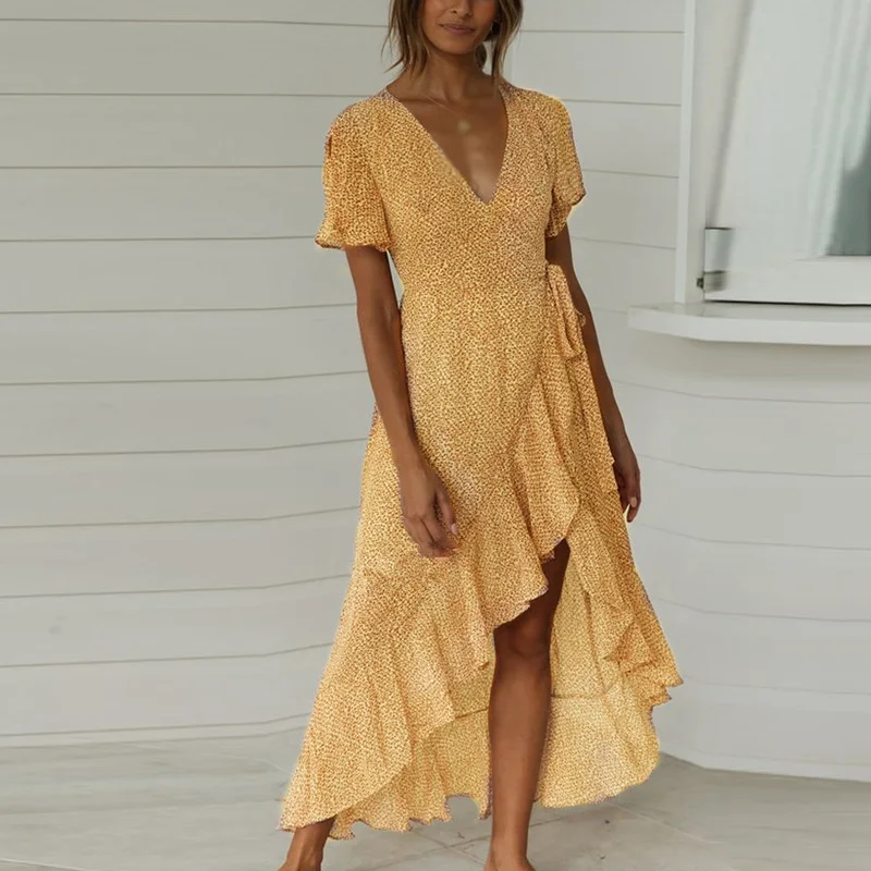 

Womens Dress Ruffled Fashion Cocktail V Neck Clothing Clubwear Lace Up Stylish Beach Short Sleeve Asymmetrical