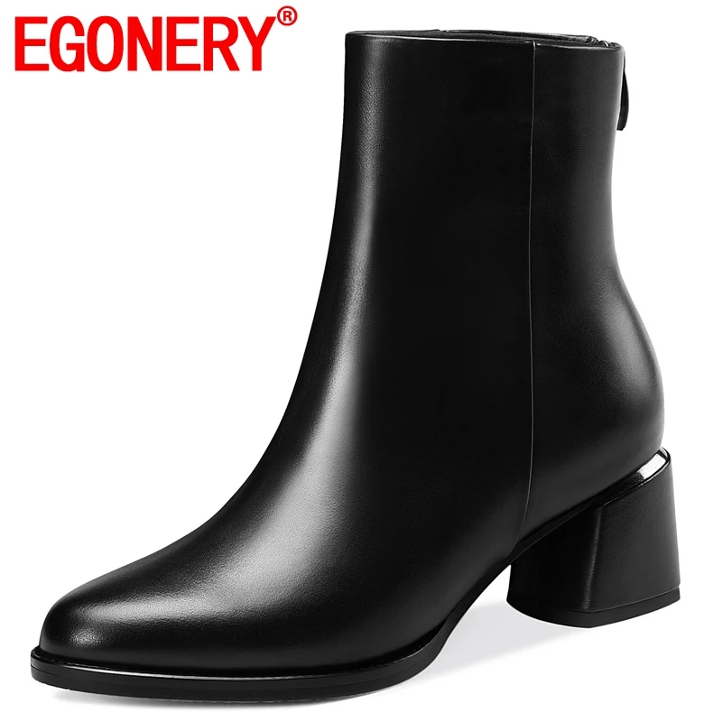 

EGONERY high quality cow leather Motorcycle boots autumn winter plush outside large size Booties 5.5cm High heels woman shoes