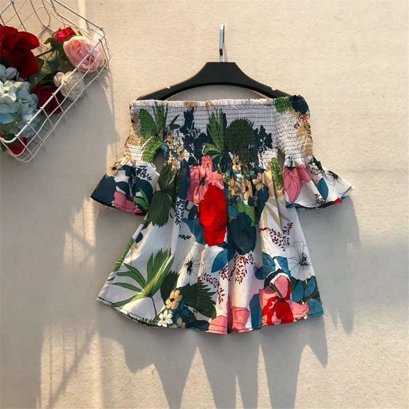 Модная блуза с открытыми плечами,, Boho, цветочный принт, Blusas Femininas, этническая женская сексуальная летняя рубашка с расклешенными рукавами, повседневный пляжный топ