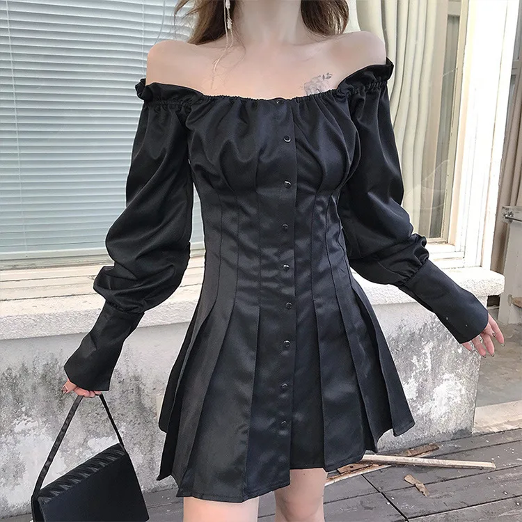 Плиссированное Платье с высокой талией и вырезом лодочкой, женское повседневное однобортное Сексуальное Милое Платье в готическом стиле - Color: Black