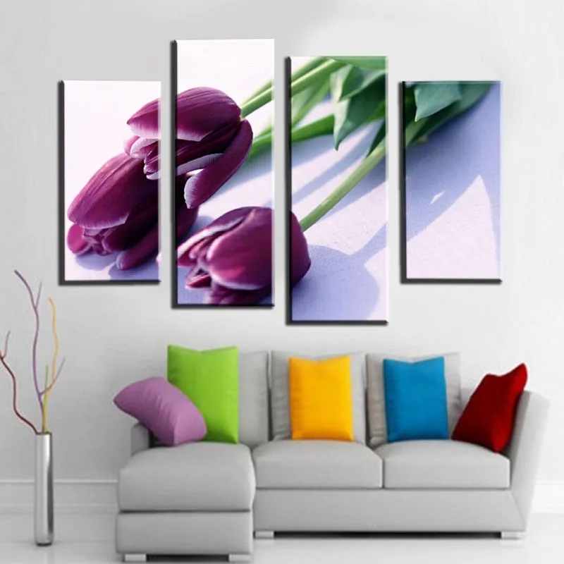 Unframed-4pcs-Purple-Tulip-Flower-Modern-Paint-Print-Canvas-Large-HD-Picture-Home-Wall-Art-Picture