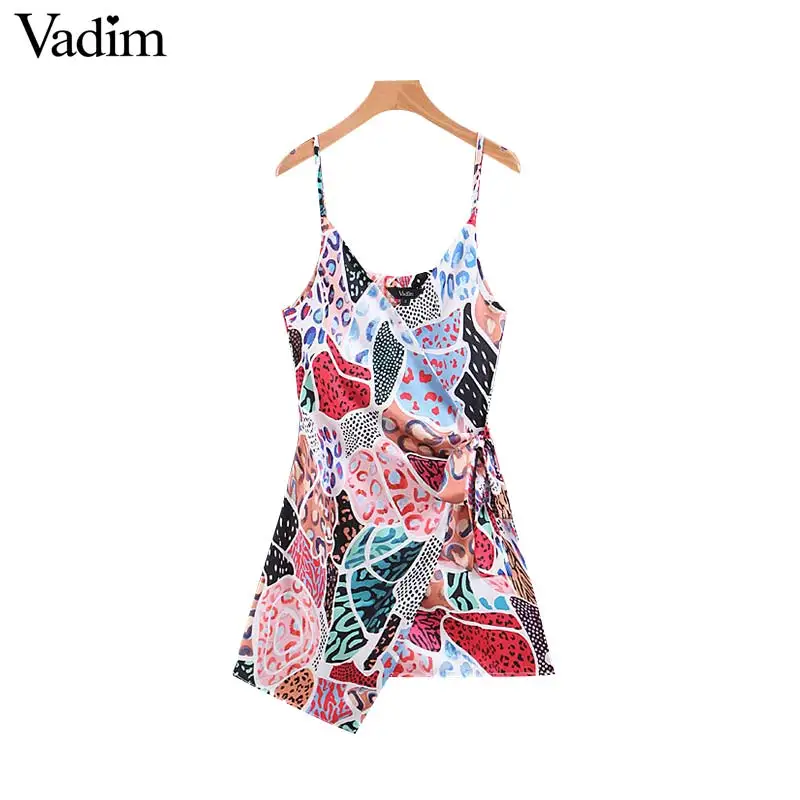 

Vadim women sexy V neck print wrap dress sashes adjustable strap sleeveless backless female casual dresses A line vestidos QB943