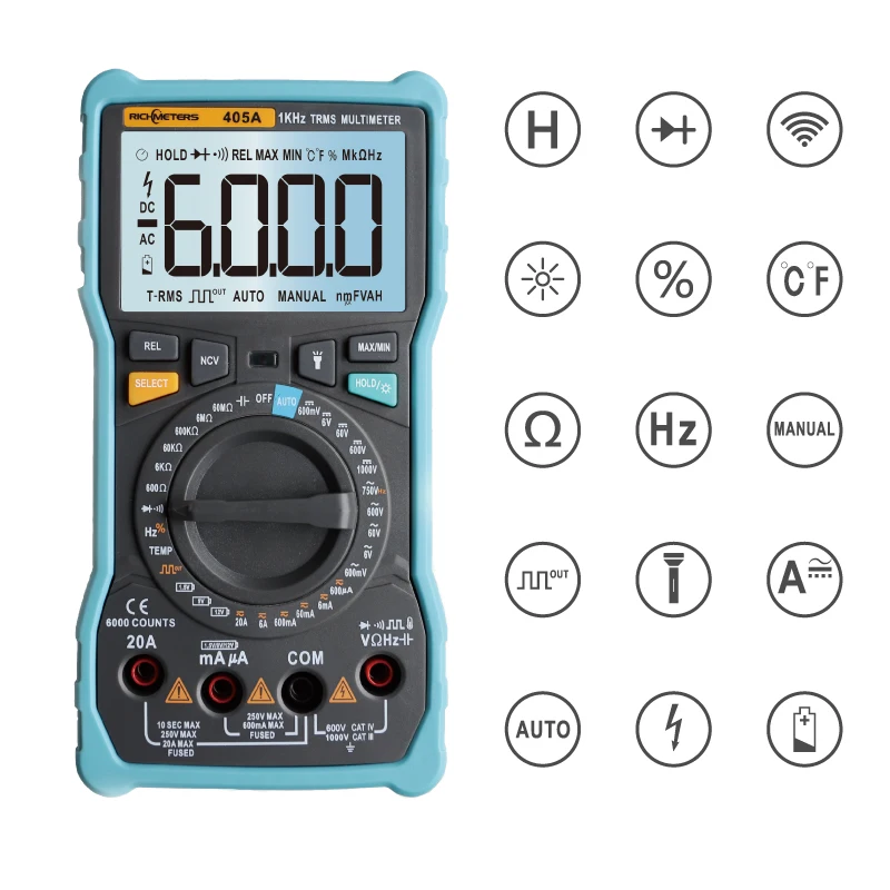 Цифровой мультиметр рихметров 405A True-RMS 20A 6000 отсчетов переменного/постоянного тока напряжения тока Ом температуры Авто/ручная квадратная волна