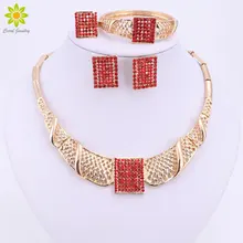 Bridal Wedding African Beads Jewelry Sets Gold Color For Women Red Crystal Fashion Necklace Earrings Bracelet Ring