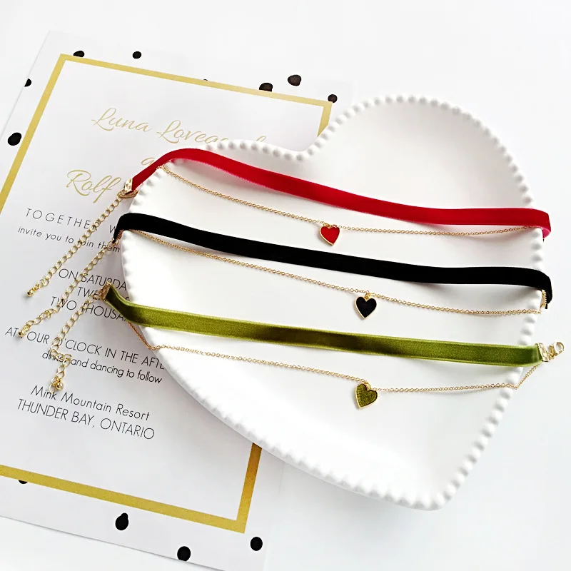 Green Black Red Korean Cute Multi Layer Heart Chains Lace Chokers Necklaces for Women Velvet Choker Necklace Bohemia - Image 4