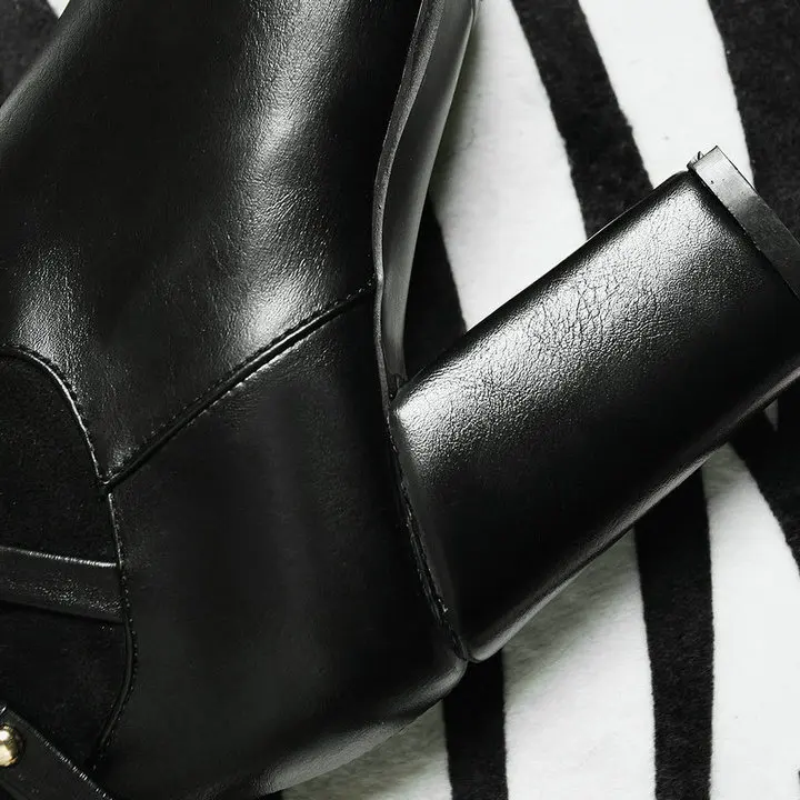 Женские сапоги до колена на Высоком толстом каблуке с боковой молнией; модная зимняя обувь с круглым носком и пряжкой; Цвет черный, коричневый
