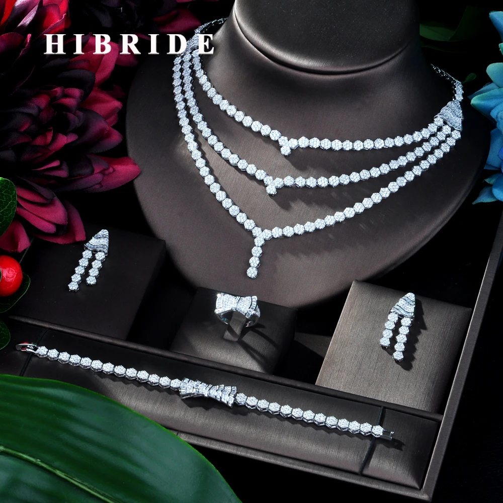 

HIBRIDE Newest Luxury Sparking Brilliant Cubic Zircon Necklace Earrings Wedding Bridal Jewelry Sets for Women Dress Party N-129