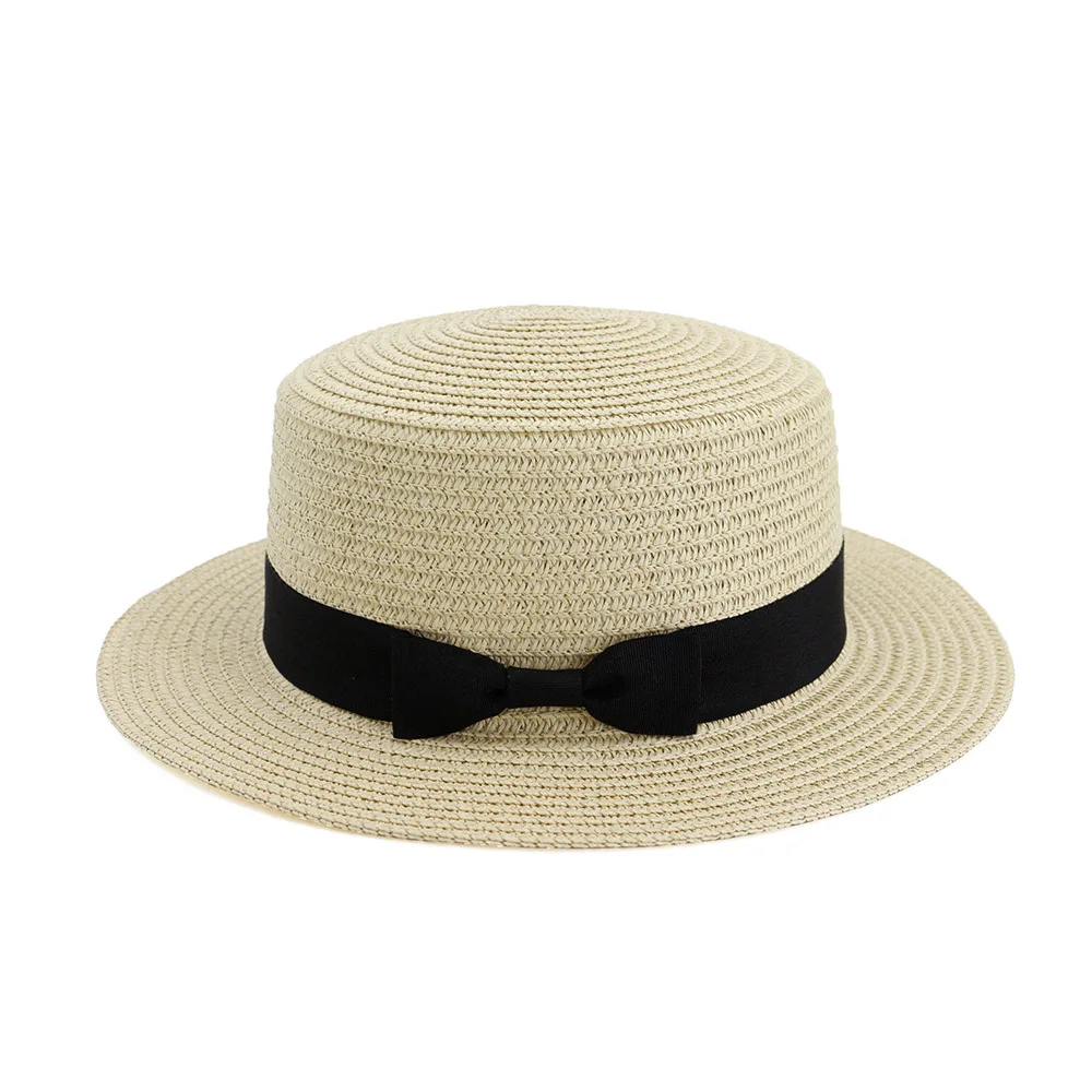 

2019 Simple Summer Sun Straw Hat Women Flat Top Beach Hat Female Casual Panama Hat Lady Flat Brim Bowknot Cap for Girls