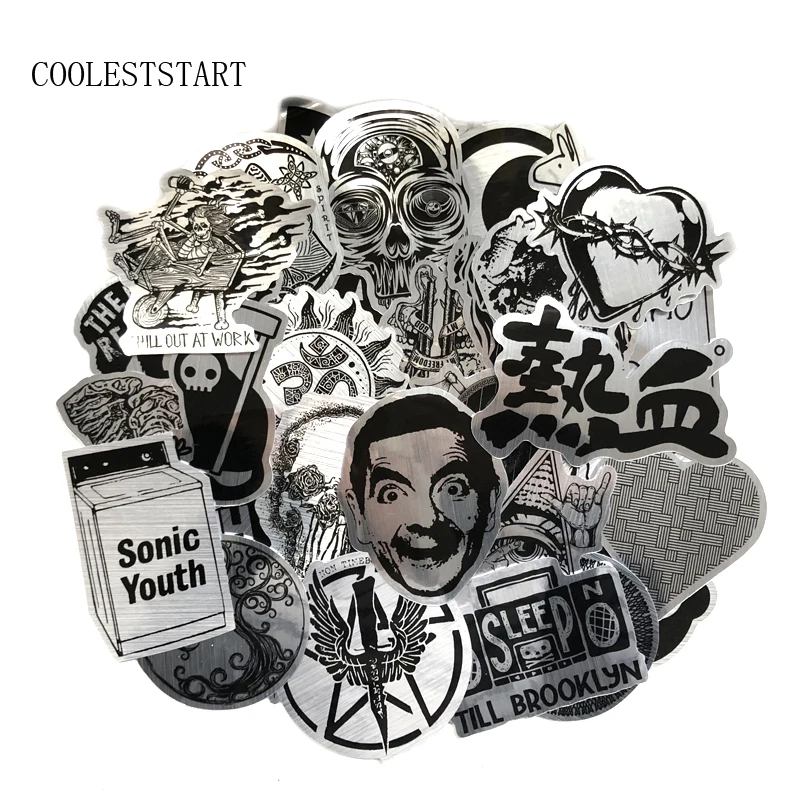 

102Pcs/lot Metallic Black and White Stickers For Skateboard Laptop Snowboard Car Phone Toys Gifts PVC Waterproof Sticker