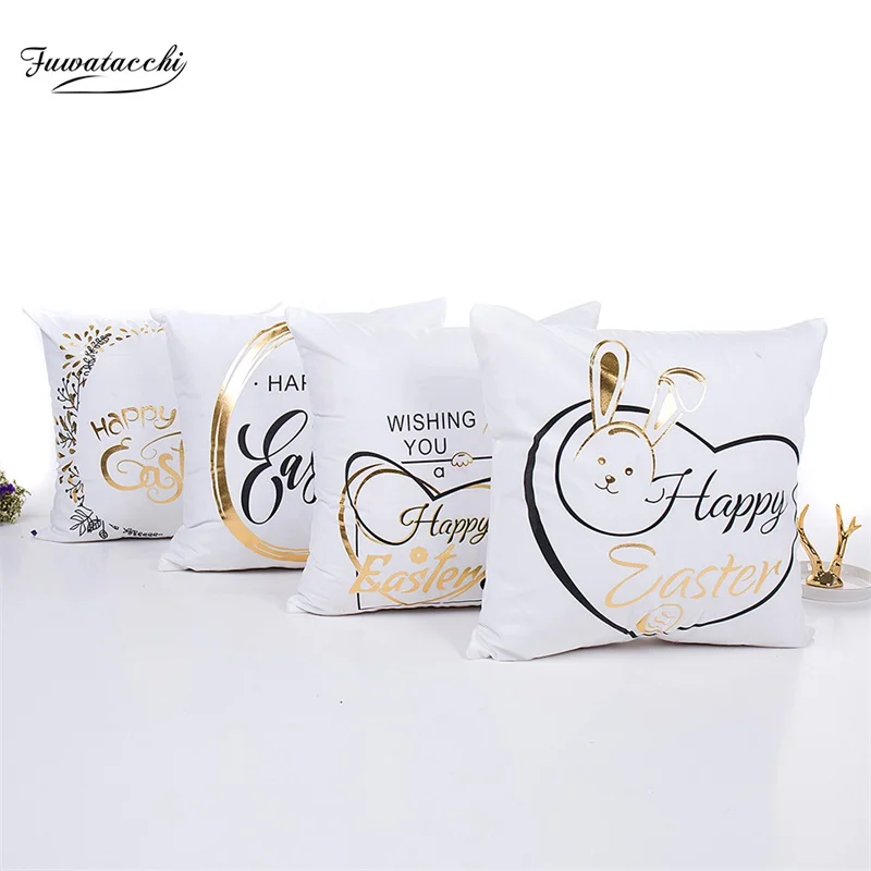 

Fuwatacchi Easter Gold Stamping Letter Printed Cushion Cover White Soft Pillow Cover for Sofa Bedroom Decorative Pillowcases New