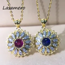 LASAMERO круглая огранка натуральный рубин натуральный сапфир акценты натуральные бриллианты Halo нежный 18 k подвеска из желтого золота ожерелье 1 шт