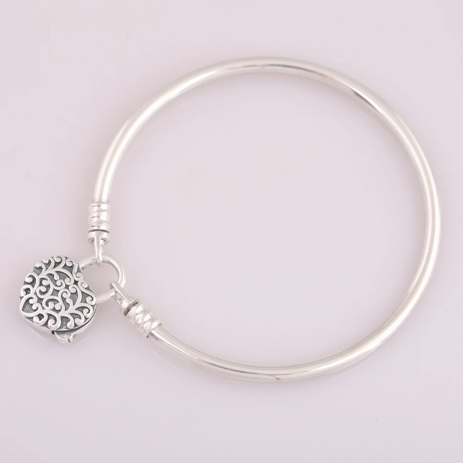 

925 Sterling Silver Bangle Vinage Moments Regal Heart Padlock Clasp Smooth Bracelet Bangle Fit Bead Charm Diy Pandora Jewelry