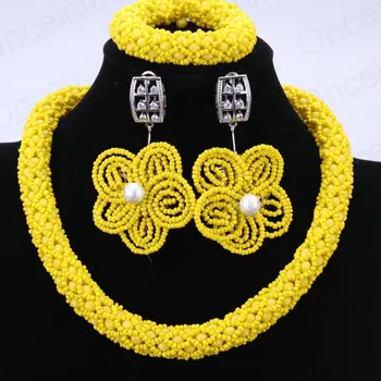 

Fabulous Quality Yellow Nigerian Wedding African Beads Jewelry Set With Flowers Earrings Crystal Necklace Bracelet Earrings Sets