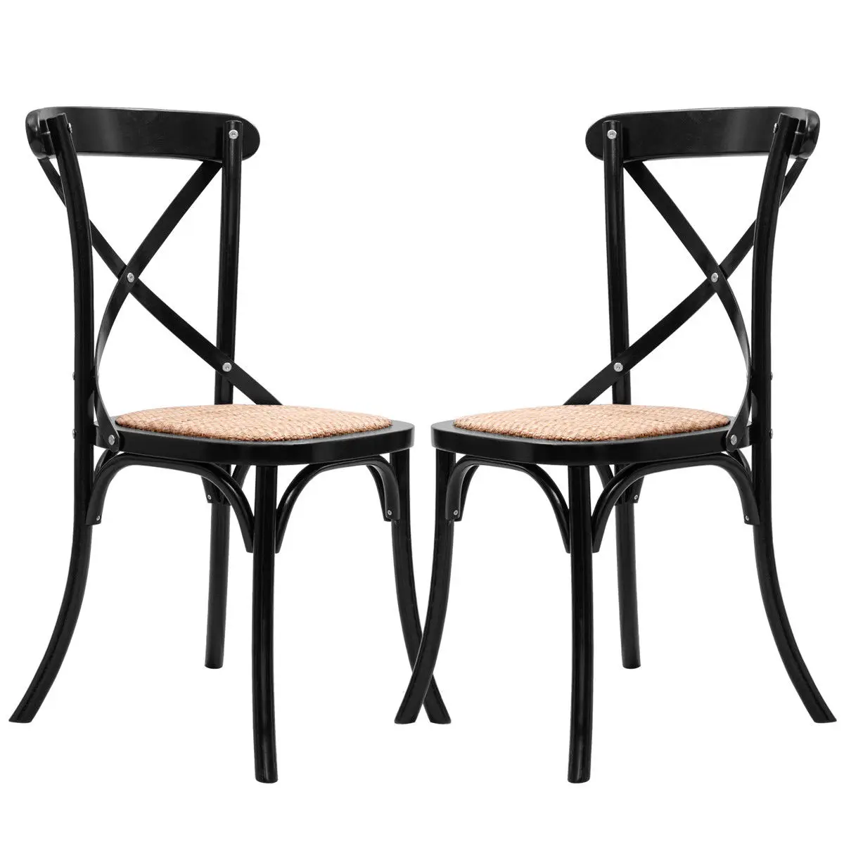 Giantex Set of 2 Cross Back Dining Side Chair Solid Wood Rattan Seat Modern Living Room Dining Room Furniture HW56269BK
