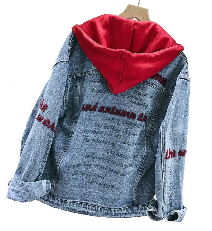 Spring Loose female jacket High Quality Embroidery Harajuku Hooded Jean Jacket Female BF Autumn Coat Denim jacket for women - Color: Blue