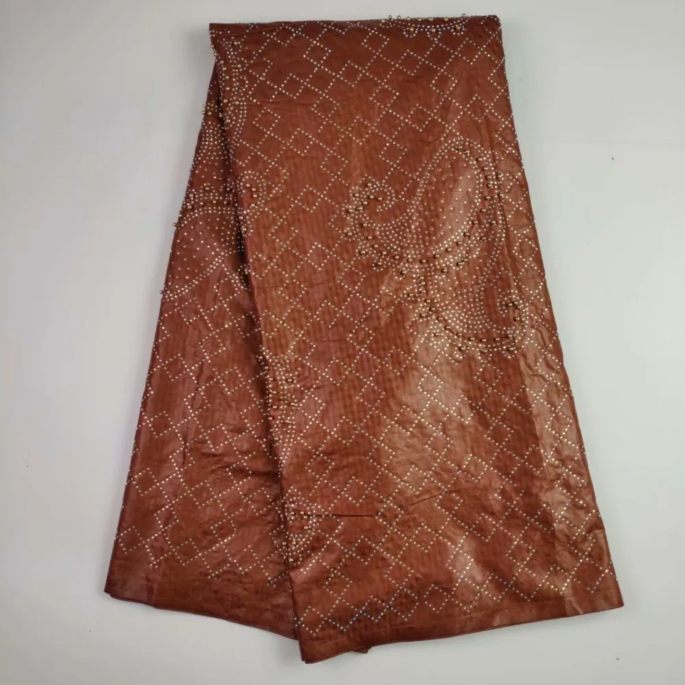 

Free shipping 5 yards high quality pure bazin jacquard lace in coffee color with lots of stones for bridal gown! TWH031