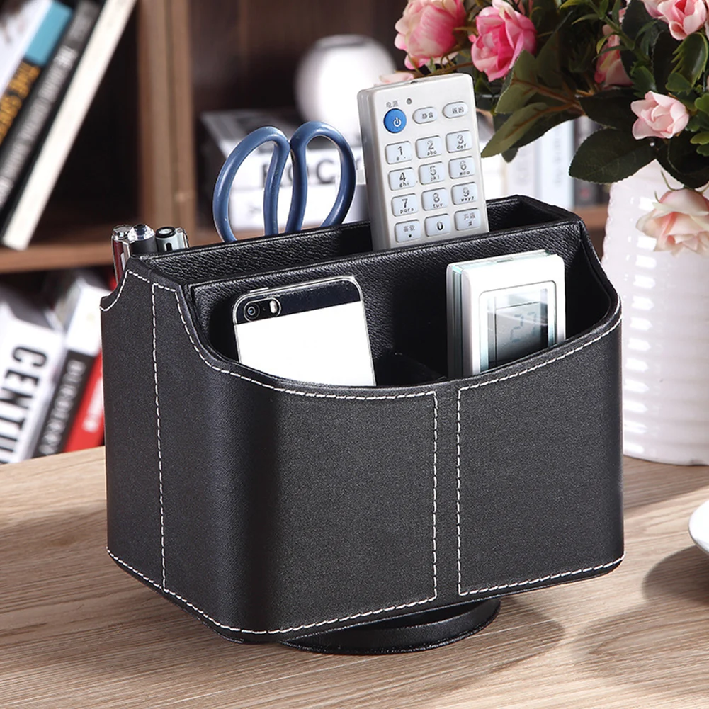 

Living Room Cosmetic Remote Controller Desktop Waterproof PU Leather Compartment Rotatable Bottom Box Organizer Storage Case