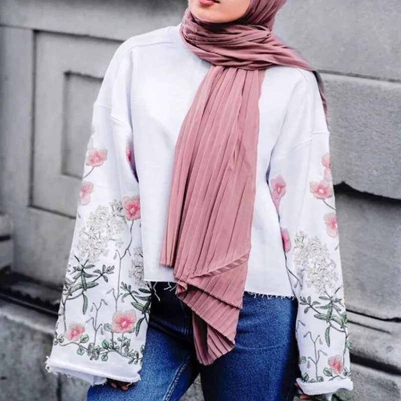 Монохромный сморщенный шифон лысый однотонный шарф шаль на голову мусульманские хиджабы шарфы/шарф 19