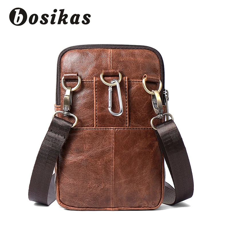 BOSIKAS الخصر حقيبة جلد أصلي للرجال أكياس غطاء إطار هاتف محمول السفر حزام نقود حقيبة جلد الخصر حزمة حزمة مراوح الخصر الحقيبة جديد