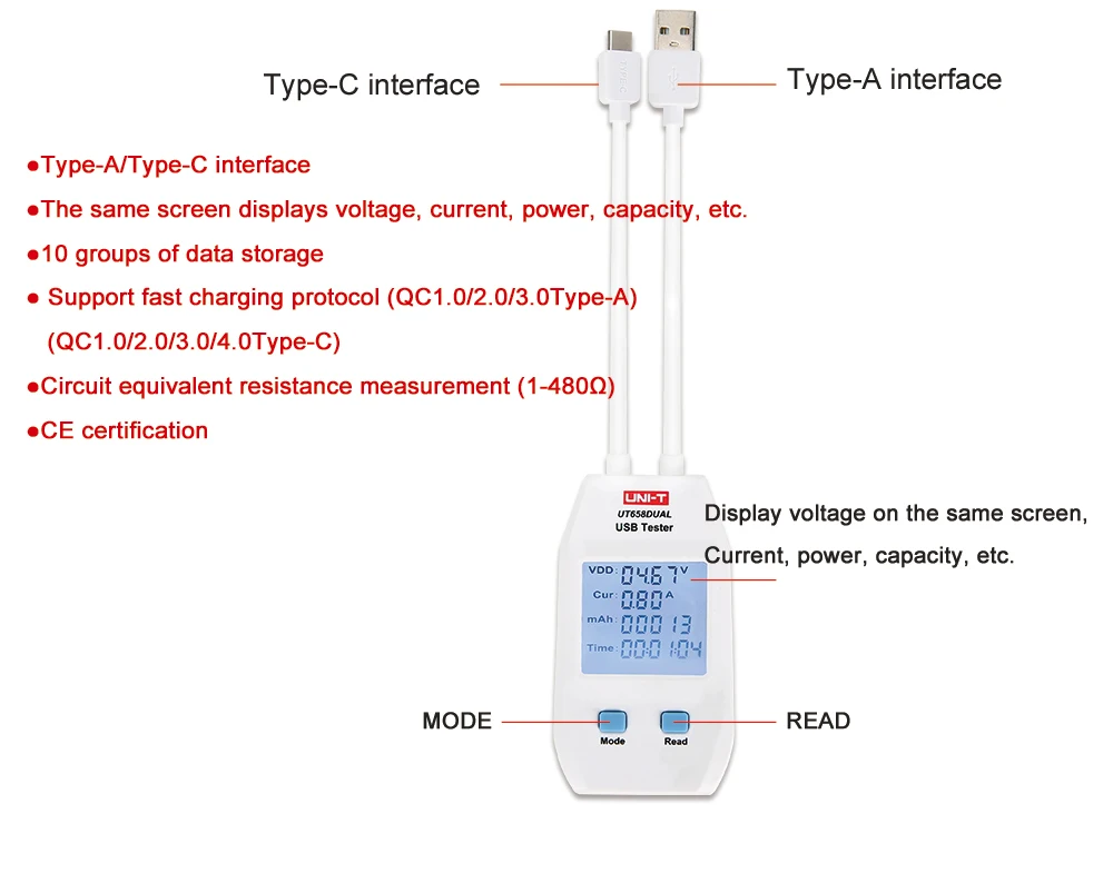 USB тестер UNI-T UT658A/C/двойной Напряжение и ток мониторы вольт ампер цифровой продукт зарядное устройство Емкость метр с хранения данных