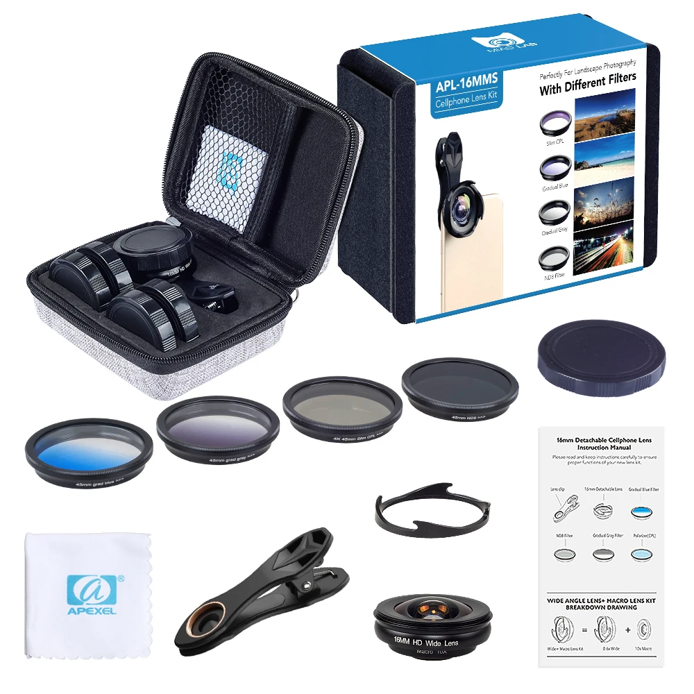 

APEXEL HD professional wide angle macro Lens with grad filter CPL ND filter Lentes For Smartphone Cell Phone camera lenses kit