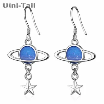 

Uini-Tail hot new 925 sterling silver blue planet earrings female stars personality fashion trend long drop glaze earrings ED075