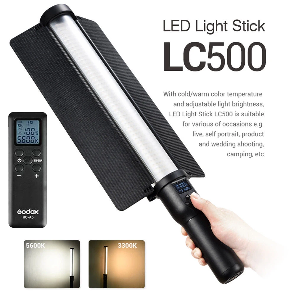 

Godox LC500 Handle LED Light Stick 3300K-5600K Adjustable Built-in lithiunm Battery + Remote Control Lighting + AC Power Charger