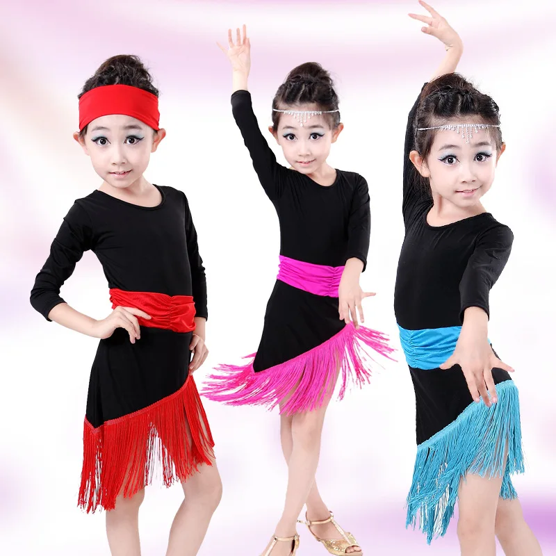 Girls Kids Black Junior Latin Dance Dresses Children Green Fringe Latin