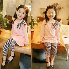 Одежда 2 предмета, детская одежда для маленьких девочек платье с длинными рукавами и бантом, футболка+ штаны в полоску, осенне-зимний детский костюм T