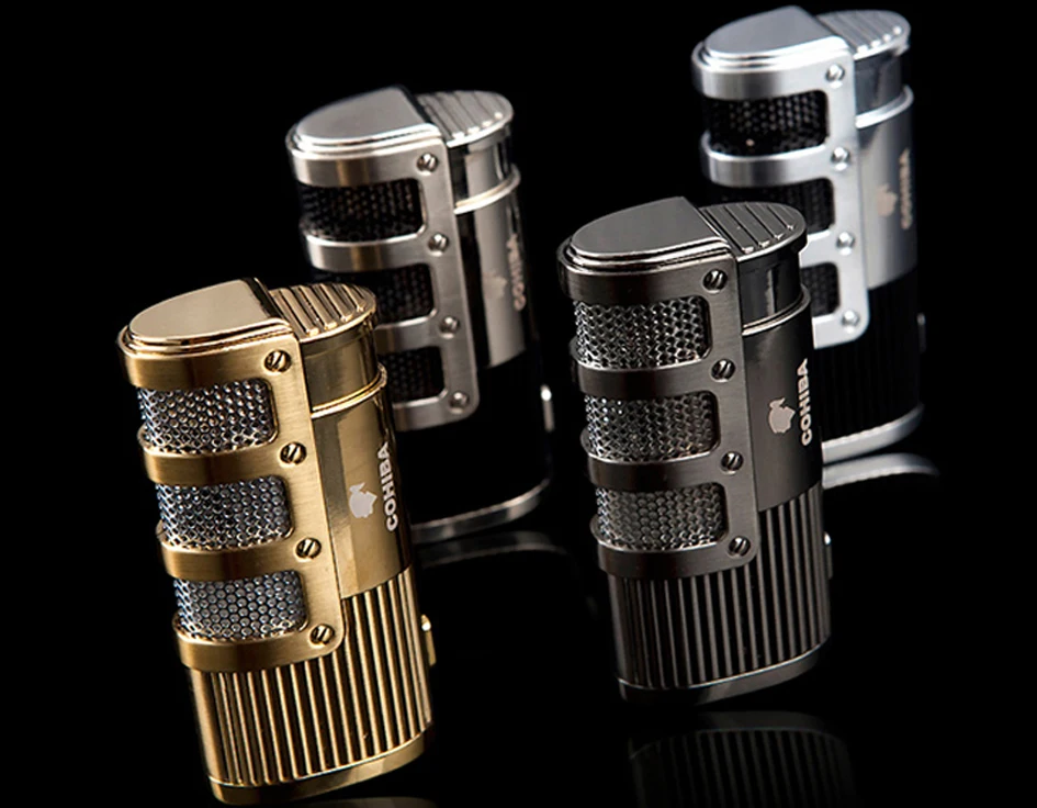 COHIBA Gridding Stripes Стиль Турбо Зажигалка Карманный Бутан Ветрозащитный Тройной Факел