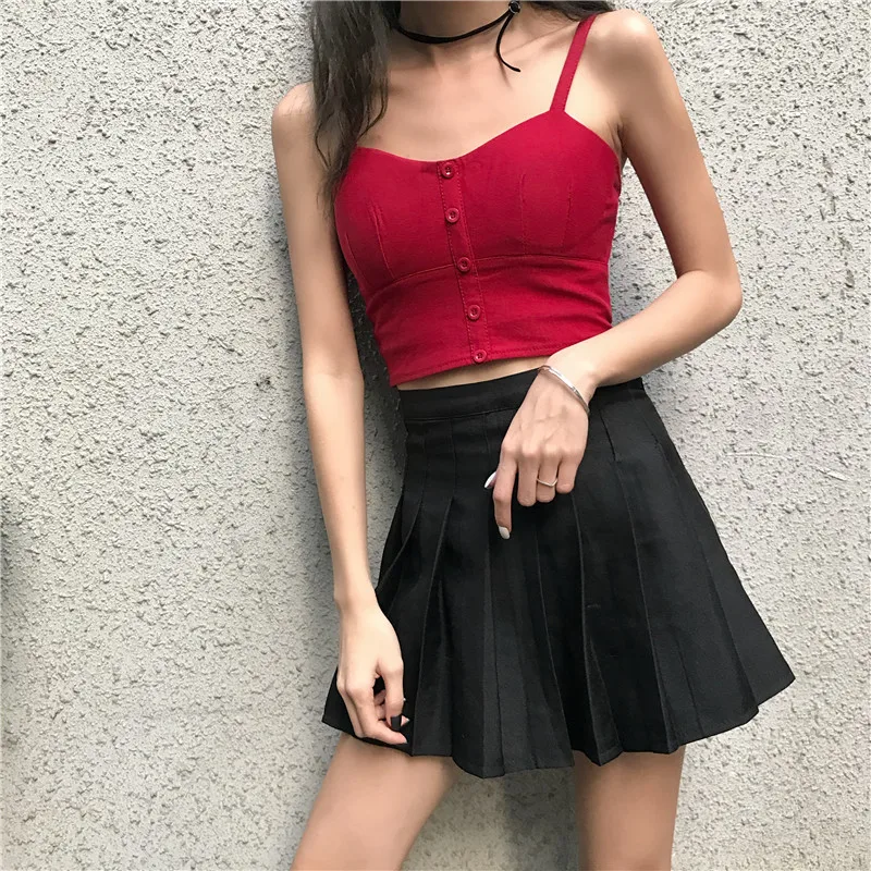 مخطط تانك الأعلى للمرأة 2019 الصيف مثير بوتون Bralette الرسن اللياقة البدنية قمم هوت فام debardeur فام قصيرة السباغيتي المحاصيل أعلى