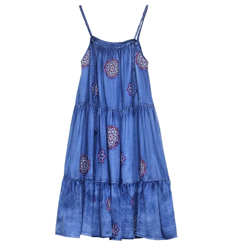 Free Shipping New Fashion Summer Denim All-match Vintage Jeans Long Maxi Skirt Embroidery For Women M-L Two Way to wear